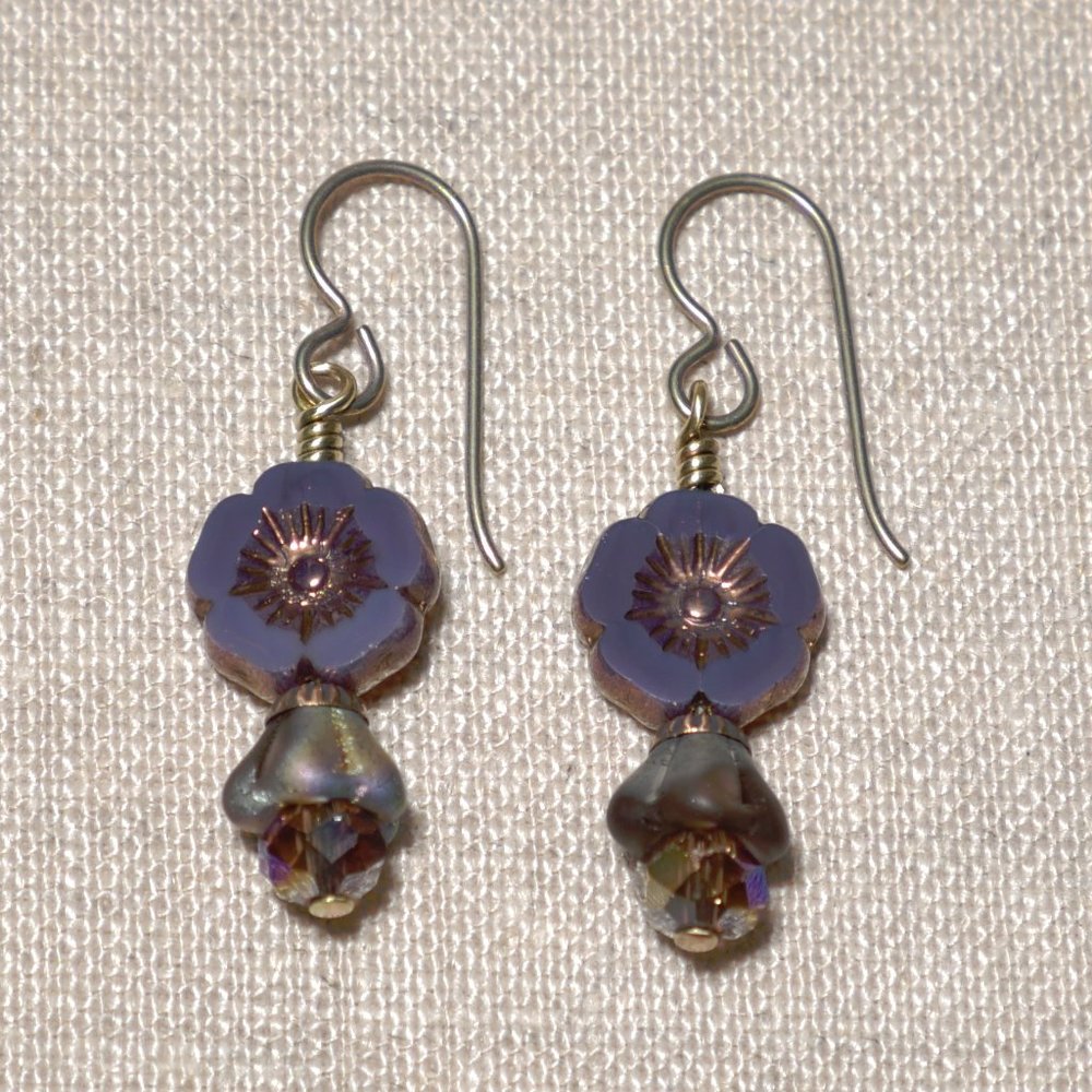 Hand Crafted Handmade Earrings Czech Glass Plum Flower Hibiscus Earrings